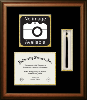 Pacific College of Health & Science Double Opening with Campus Image & Tassel Box (Stacked) Frame in Satin Walnut with Black & Gold Mats for document: 8 1/2"h x 11"w  