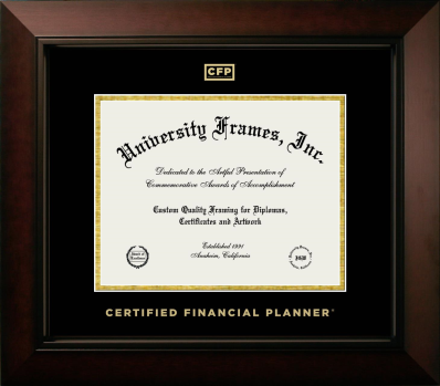 Certified Financial Planner Diploma Frame in Legacy Black Cherry with Black & Gold Mats for document: 8 1/2"h x 11"w  