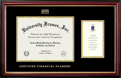 Certified Financial Planner Diploma with Announcement Frame in Petite Mahogany with Gold Trim with Black & Gold Mats for document: 8 1/2"h x 11"w  , diploma: 7"h x 4"w  