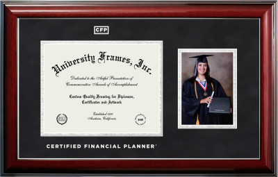 Certified Financial Planner Diploma with 5 x 7 Portrait Frame in Classic Mahogany with Silver Trim with Black Suede & Silver Mats for document: 8 1/2"h x 11"w  