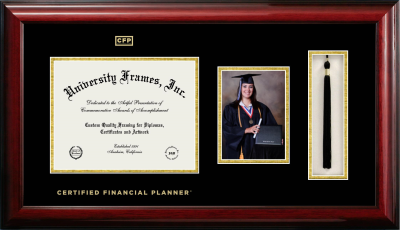 Certified Financial Planner Diploma with 5 x 7 Portrait & Tassel Box Frame in Classic Mahogany with Black & Gold Mats for document: 8 1/2"h x 11"w  