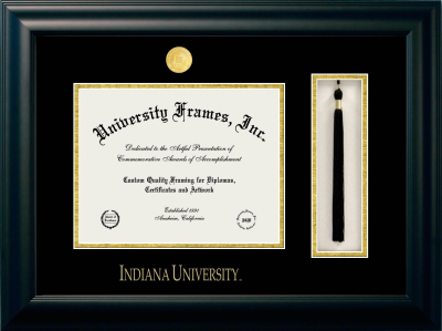 Indiana University Diploma with Tassel Box Frame in Satin Black with Black & Gold Mats for  8 1/2"h x 11"w  