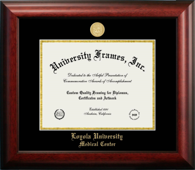 Loyola University Medical Center Diploma Frame in Satin Mahogany with Black & Gold Mats for document: 8 1/2"h x 11"w  