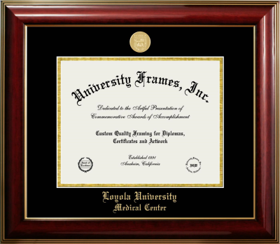 Loyola University Medical Center Diploma Frame in Classic Mahogany with Gold Trim with Black & Gold Mats for document: 8 1/2"h x 11"w  