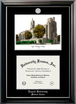 Loyola University Medical Center Double Opening with Campus Image (Stacked) Frame in Classic Ebony with Silver Trim with Black & Silver Mats for document: 8 1/2"h x 11"w  