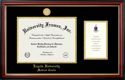 Loyola University Medical Center Diploma with Announcement Frame in Petite Mahogany with Gold Trim with Black & Gold Mats for document: 8 1/2"h x 11"w  , diploma: 7"h x 4"w  