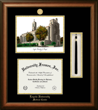 Loyola University Medical Center Double Opening with Campus Image & Tassel Box (Stacked) Frame in Satin Walnut with Black & Gold Mats for document: 8 1/2"h x 11"w  