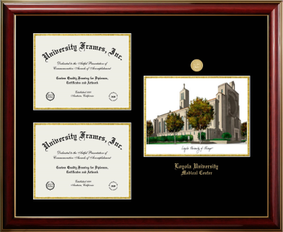 Loyola University Medical Center Triple Opening with Campus Image Frame in Classic Mahogany with Gold Trim with Black & Gold Mats for document: 8 1/2"h x 11"w  , document: 8 1/2"h x 11"w  