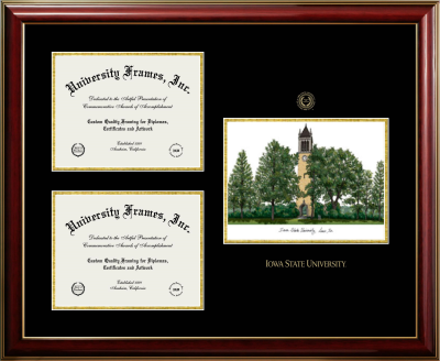 Iowa State University Triple Opening with Campus Image Frame in Classic Mahogany with Gold Trim with Black & Gold Mats for  8 1/2"h x 11"w  ,  8 1/2"h x 11"w  