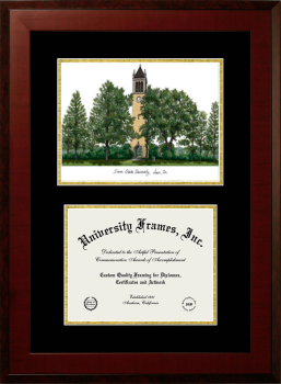 Iowa State University Double Opening with Campus Image (Unimprinted Mat) Frame in Honors Mahogany with Black & Gold Mats for  8 1/2"h x 11"w  