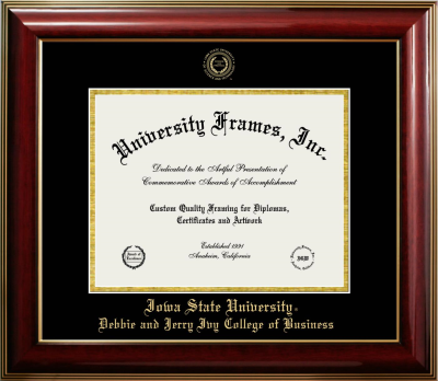 Iowa State University Debbie and Jerry Ivy College of Business Diploma Frame in Classic Mahogany with Gold Trim with Black & Gold Mats for document: 8 1/2"h x 11"w  