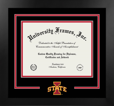 Iowa State University Debbie and Jerry Ivy College of Business Logo Mat Frame in Manhattan Black with Black & Red Mats for document: 8 1/2"h x 11"w  