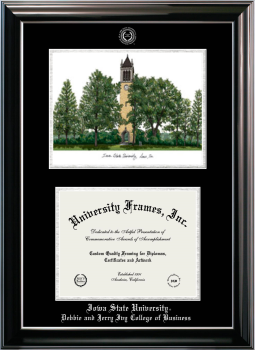 Iowa State University Debbie and Jerry Ivy College of Business Double Opening with Campus Image (Stacked) Frame in Classic Ebony with Silver Trim with Black & Silver Mats for document: 8 1/2"h x 11"w  