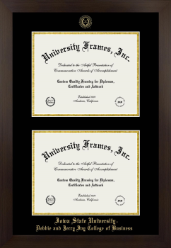 Iowa State University Debbie and Jerry Ivy College of Business Double Diploma Frame in Manhattan Espresso with Black & Gold Mats for document: 8 1/2"h x 11"w  , document: 8 1/2"h x 11"w  