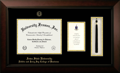 Iowa State University Debbie and Jerry Ivy College of Business Diploma with Announcement & Tassel Box Frame in Legacy Black Cherry with Black & Gold Mats for document: 8 1/2"h x 11"w  , diploma: 7"h x 4"w  