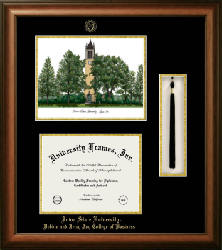 Iowa State University Debbie and Jerry Ivy College of Business Double Opening with Campus Image & Tassel Box (Stacked) Frame in Satin Walnut with Black & Gold Mats for document: 8 1/2"h x 11"w  