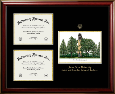 Iowa State University Debbie and Jerry Ivy College of Business Triple Opening with Campus Image Frame in Classic Mahogany with Gold Trim with Black & Gold Mats for document: 8 1/2"h x 11"w  , document: 8 1/2"h x 11"w  