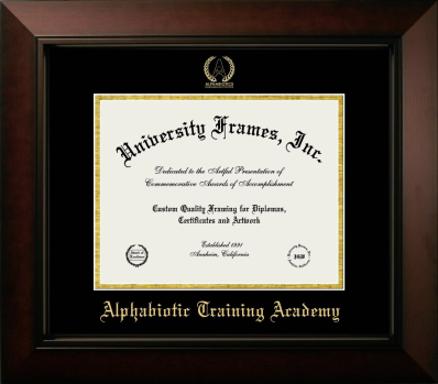 Alphabiotic Training Academy Diploma Frame in Legacy Black Cherry with Black & Gold Mats for document: 8 1/2"h x 11"w  