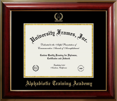 Alphabiotic Training Academy Diploma Frame in Classic Mahogany with Gold Trim with Black & Gold Mats for document: 8 1/2"h x 11"w  