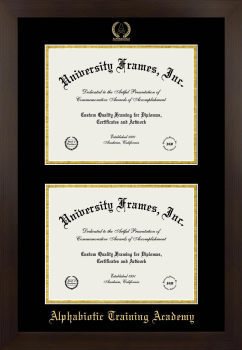 Alphabiotic Training Academy Double Diploma Frame in Manhattan Espresso with Black & Gold Mats for document: 8 1/2"h x 11"w  , document: 8 1/2"h x 11"w  