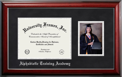 Alphabiotic Training Academy Diploma with 5 x 7 Portrait Frame in Classic Mahogany with Silver Trim with Black Suede & Silver Mats for document: 8 1/2"h x 11"w  