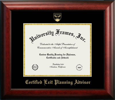 Certified Exit Planning Advisor Diploma Frame in Satin Mahogany with Black & Gold Mats for document: 8 1/2"h x 11"w  