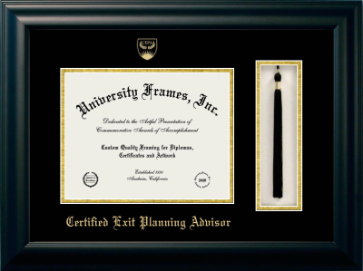 Certified Exit Planning Advisor Diploma with Tassel Box Frame in Satin Black with Black & Gold Mats for document: 8 1/2"h x 11"w  