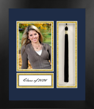 Class of 2026 5 x 7 Portrait with Tassel and Name Card Frame in Manhattan Black with Navy Blue & Gold Mats