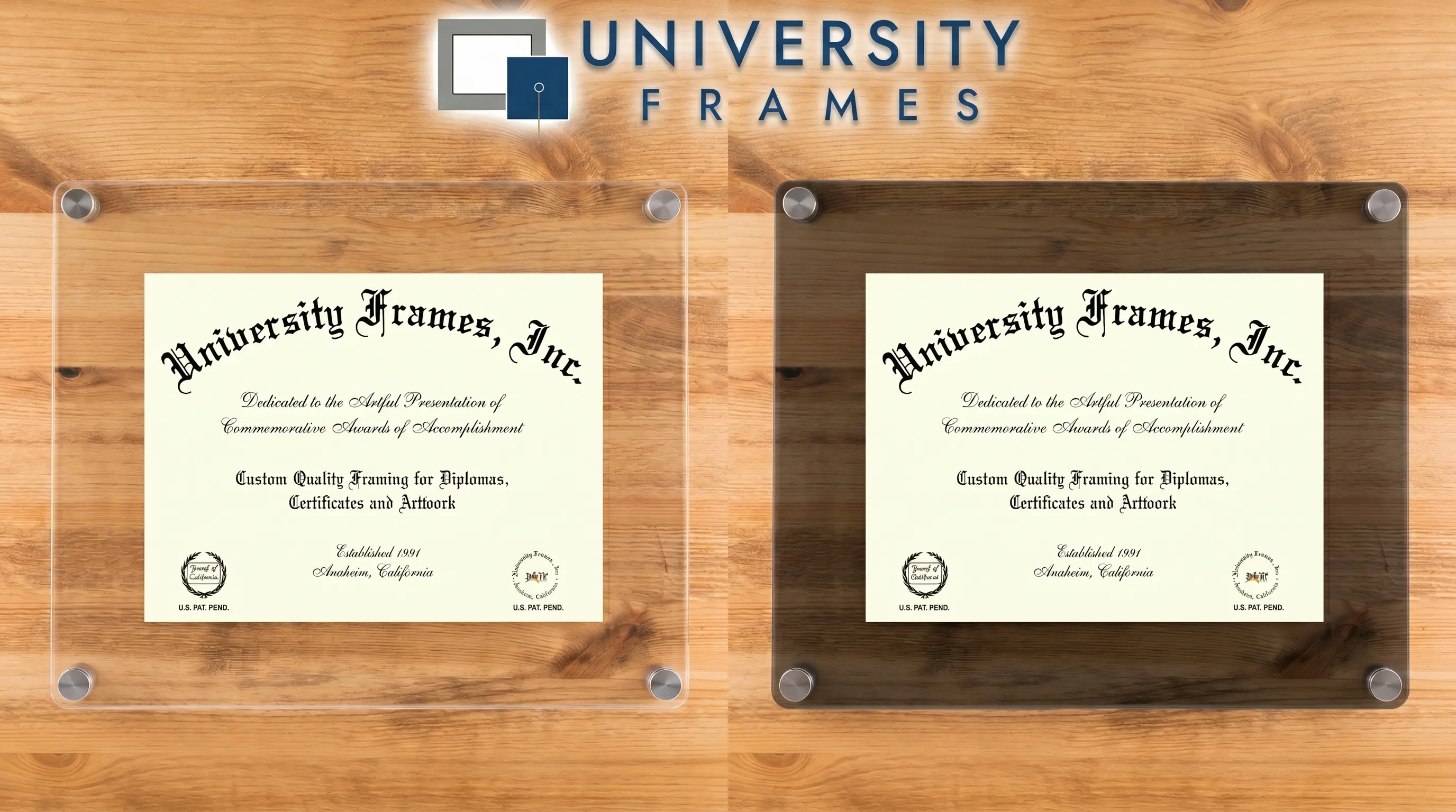 Lucent Clear Acrylic Diploma Frame vs Lucent Clear-over-Smoke Acrylic Diploma Frame-university-frames